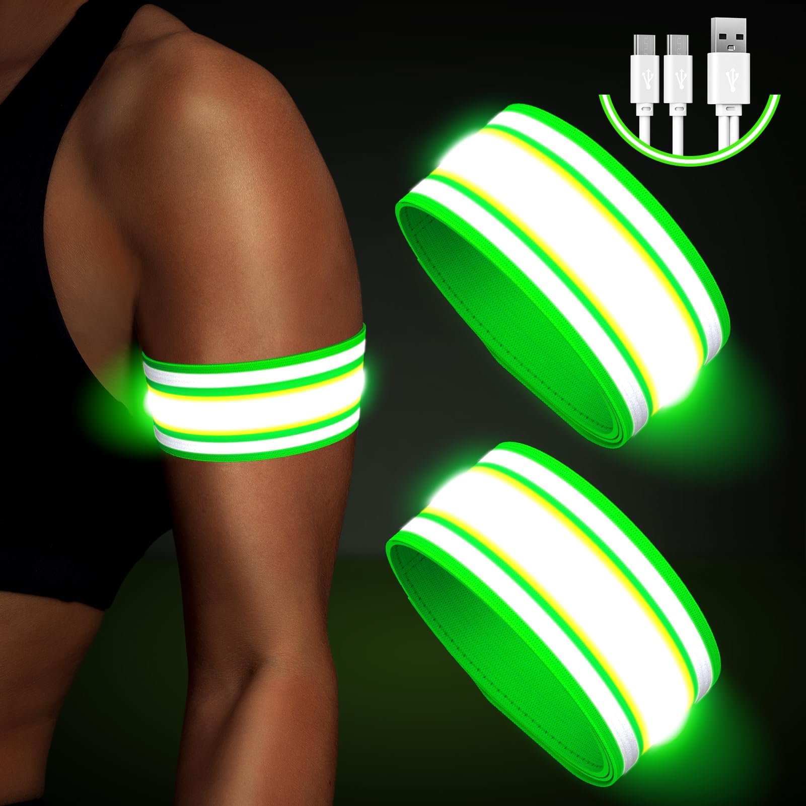 Fokia Kunbio Light Up LED Armband for Running Walking at Night,Reflective Arm Bands for Runners,Rechargeable Jogging Lights,High Visibility Night Running Safety Gear Adjustable Running Women Men Kids