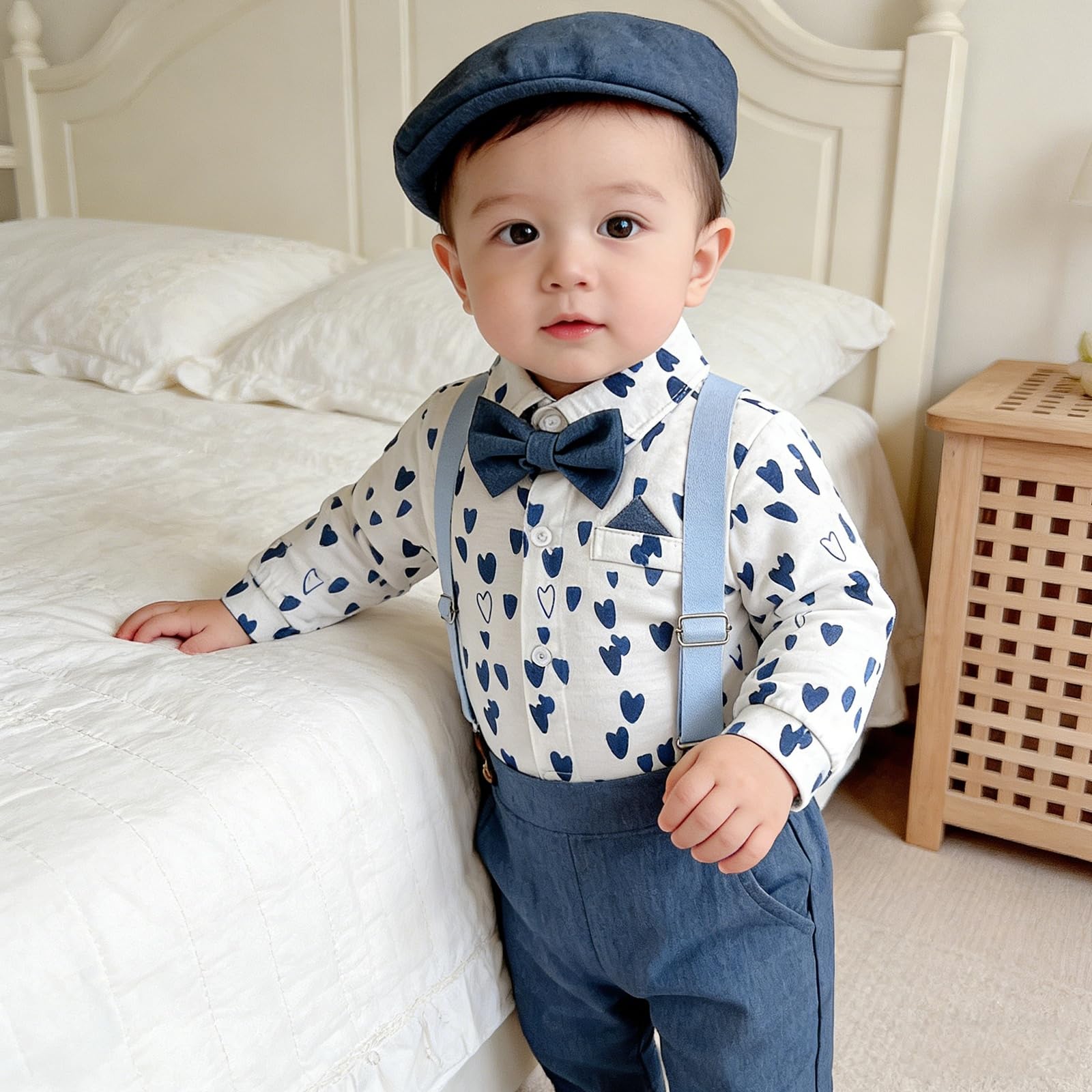 Set completo per neonato body con bretelle e papillon e berretto piatto, completo elegante da cerimonia per neonato, abito da gentiluomo per matrimoni, battesimi e compleanni, 0-18 mesi