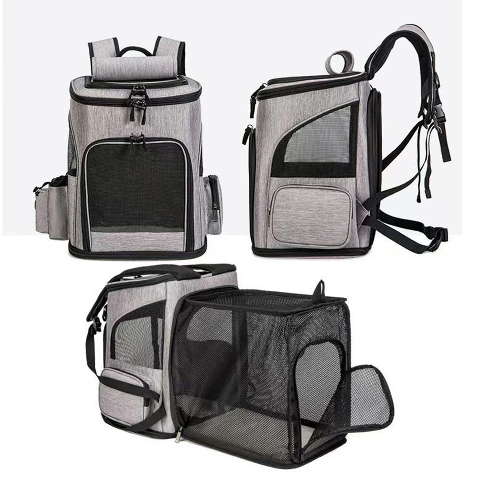 Greensen Große Katzen-Tasche, Erweiterbare Haustiertasche mit Mesh-Fenstern und Plüschkissen, für Kleine Bis Mittelgroße Katzen und Hunde Bis zu 8 Kg, Reisen Wandern Camping (Grey)