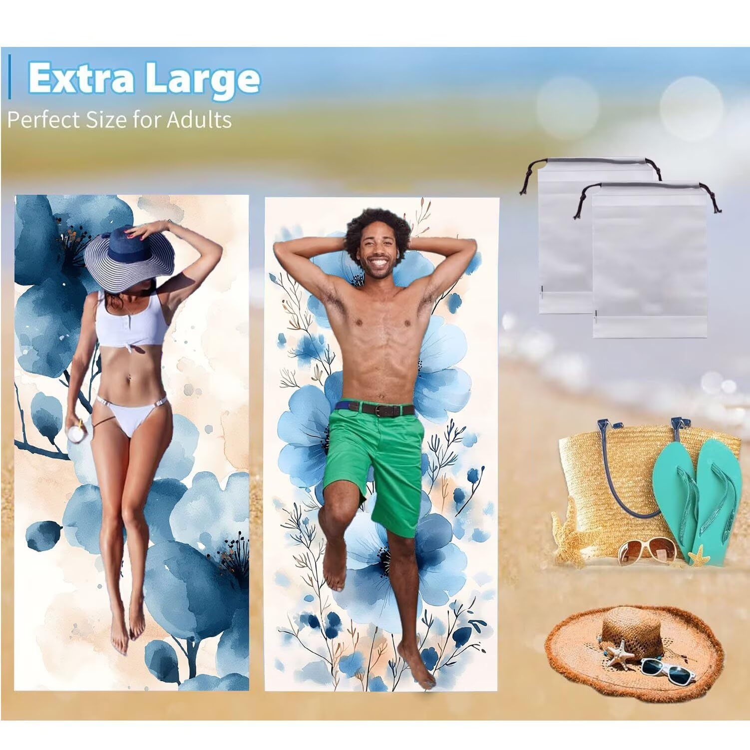 Ręcznik plażowy 90 x 200 cm, zestaw 2 dużych ręczników z mikrofibry szybkoschnący, chłonny, kompaktowy, ręcznik kąpielowy bez piasku lato koc plażowy damski do kąpieli prezent (niebieskie kwiaty) H