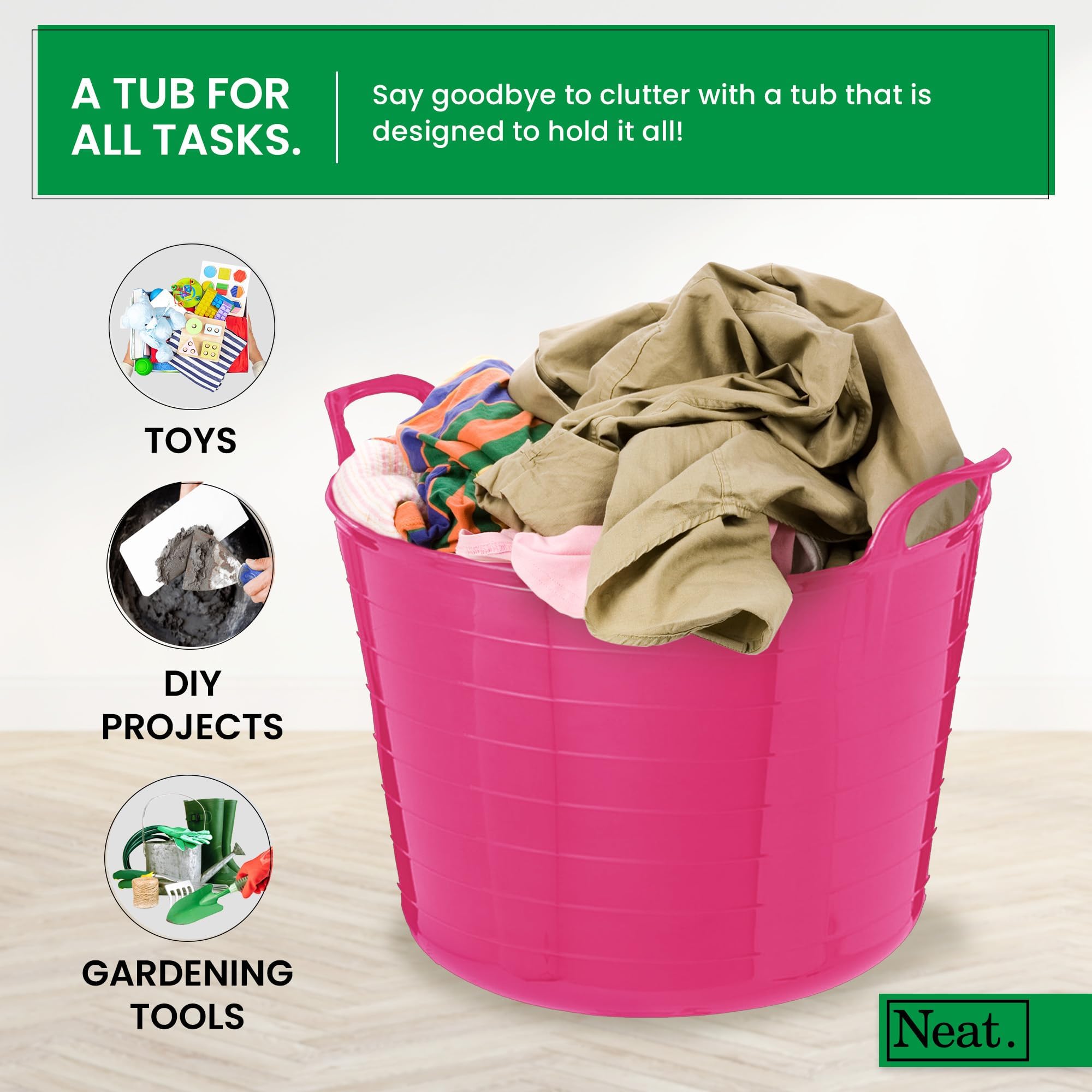 42 LITRE FLEXI BUCKET LARGE TUB GARDEN CONTAINER FLEXIBLE STORAGE HORSE FEED TRUG REINFORCED HANDLE BASKET (PINK) — view 3