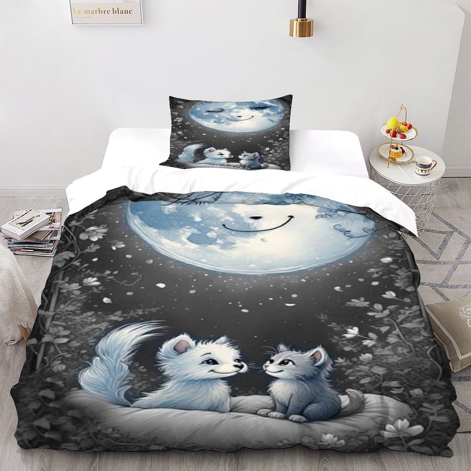 Housse de couette chiots et lune parure 2 pièces 135x200cm