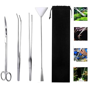 DFsucces Aquarium Aquascape Tools Kits-4 in 1,Long Stainless Steel Aquatic Tools Kit,Clean Fish Tank Aquascape Tools Sets for Fish and Aquatic Plants Trim Aquascaping Cleaning(with Storage Bag