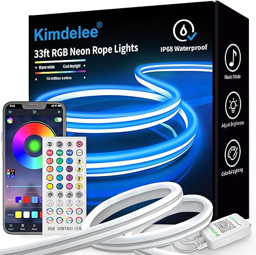 Kimdelee Tira de luces de neón de 33 pies, RGB IP68, impermeable, flexible, luces de neón con control remoto de aplicación para pared, dormitorio,