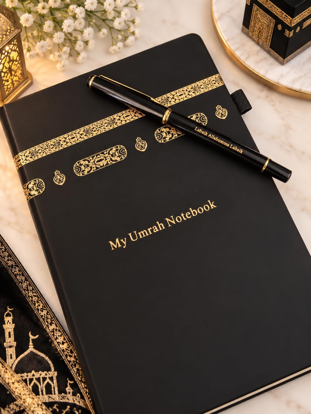 Umrah Notebook Journal Pen Kabah Inspired Decorations Hajj Gift Labaik Allahumma Labaik Pen Black Gold Lined Blank 100 Pages Note Book.