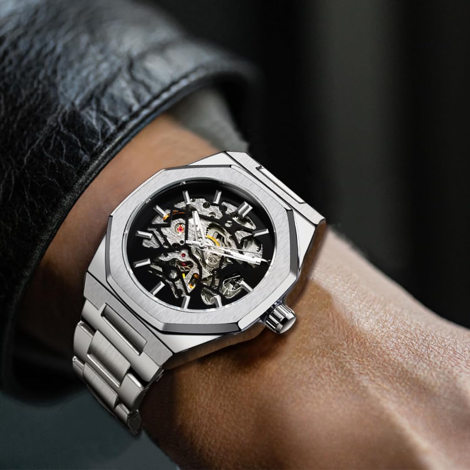 FORSINING Automatikuhr, mechanische Armbanduhr für Herren, achteckig, wasserdicht, modisch, einzigartige Skelettuhren, luxuriöses silbernes Edelstahlband