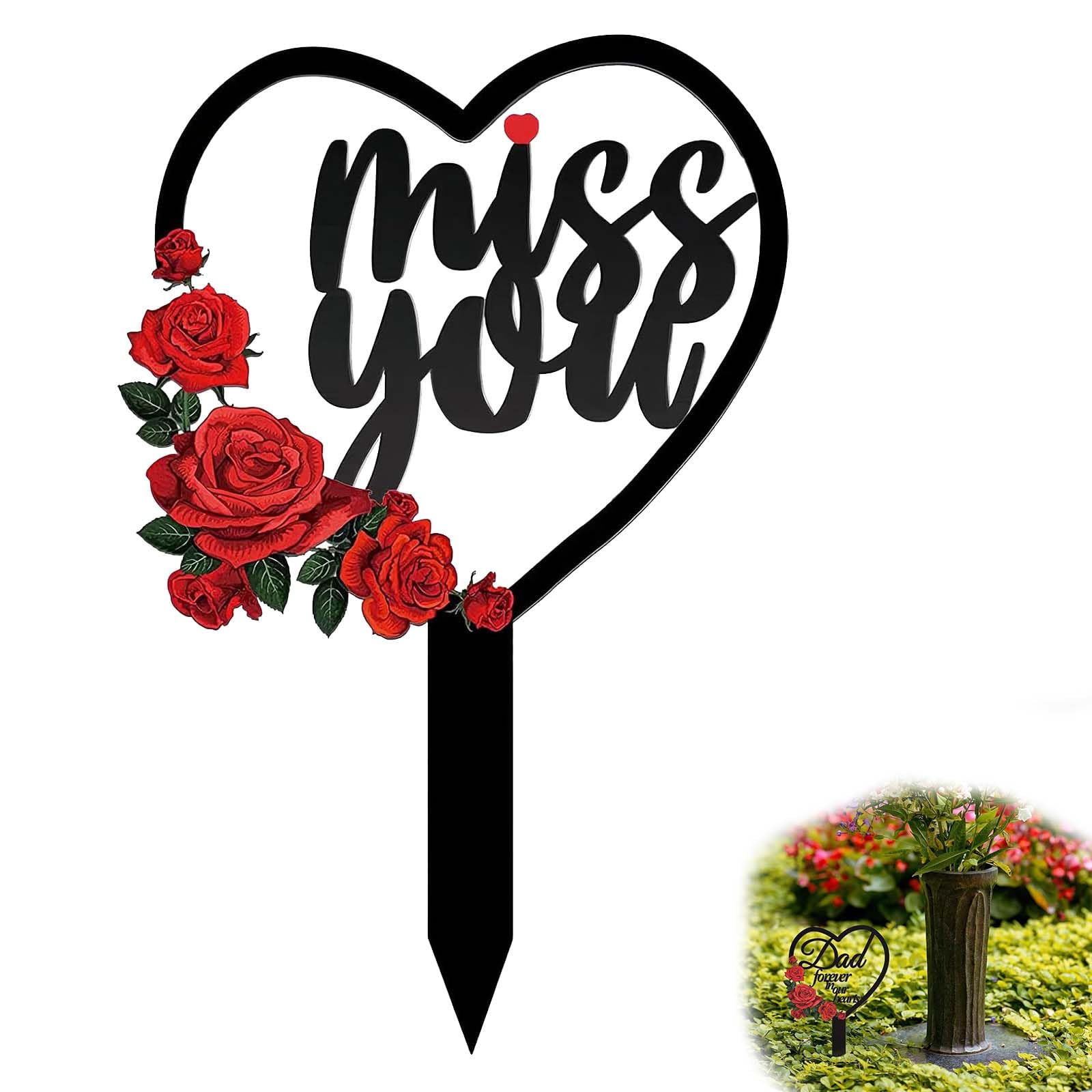 decorazione tomba cuore metallo 1 pezzo 30x18 cm resistente per esterno con scritta Miss You e soffione per cimitero giardino prato commemorazione