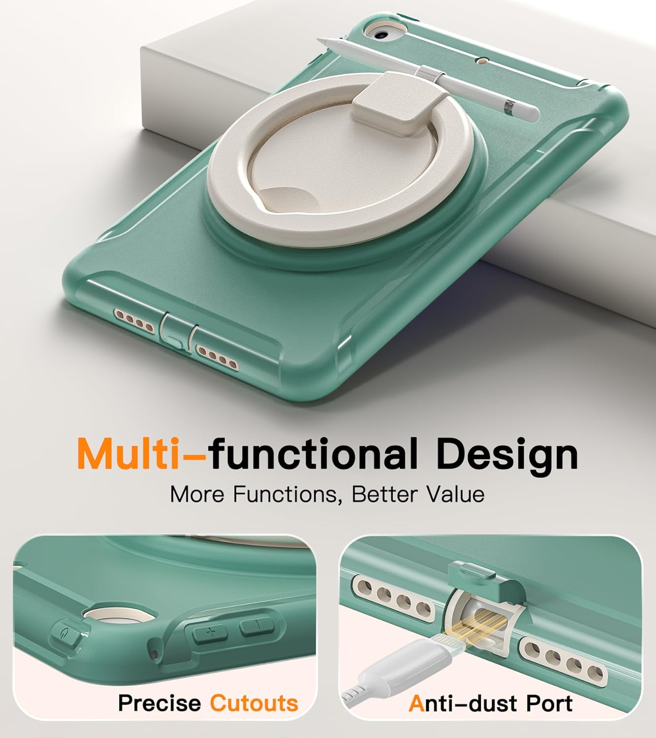 BATYUE Shockproof Case for iPad mini 4/5 (2015/2019) - 360° Multi-Angle Stand (Portrait & Landscape) & Grip, Pencil Holder (Elastic Loop), Multi-Scene for All Ages, Jade Green - Image 7