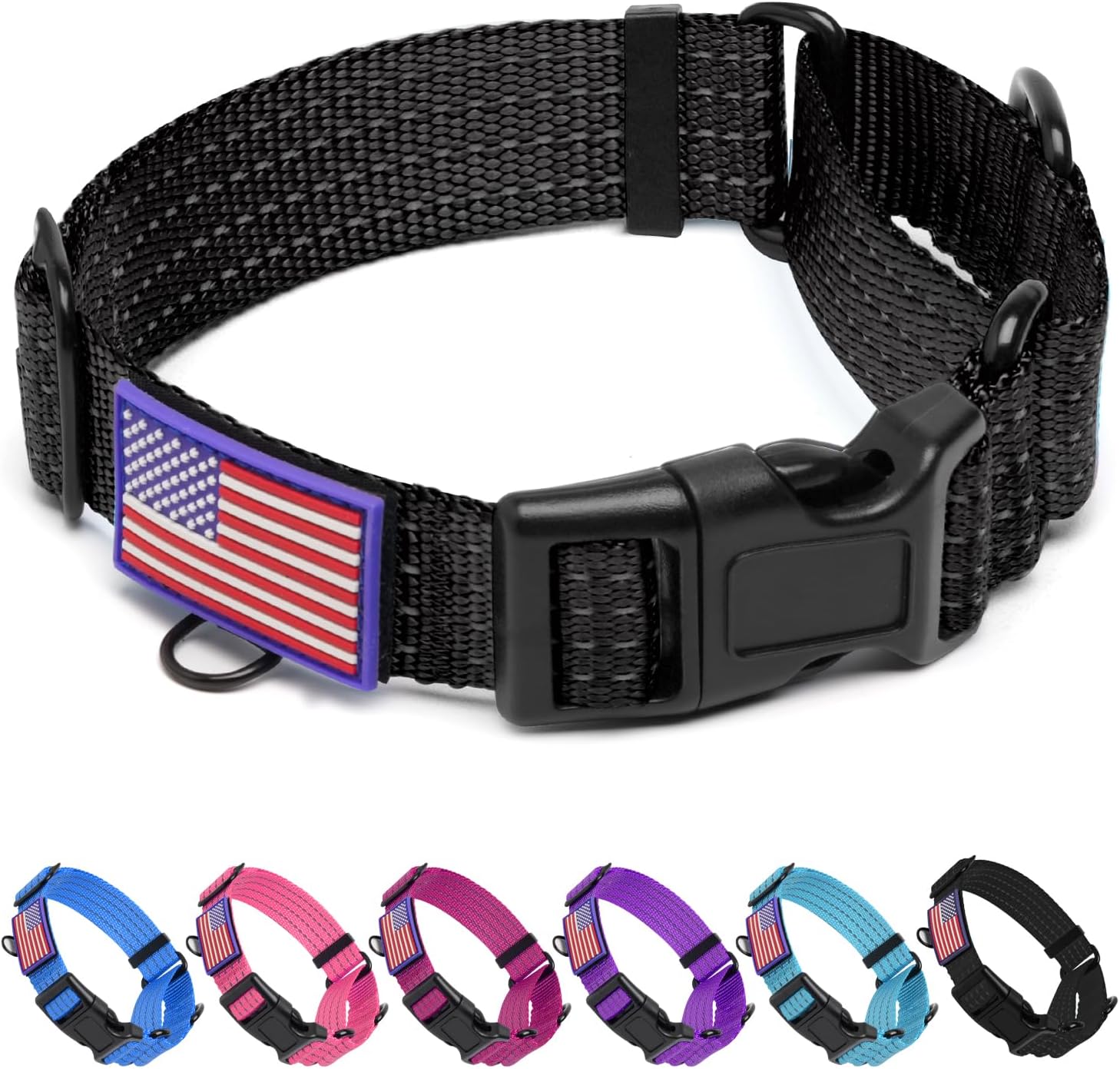 Martingale Dog Collar, Reflective No Pull Training Collar with Quick Release Buckle & USA Flag, Heavy-Duty Nylon, Adjustable for Small Medium Large Dogs (M,Black with Flag