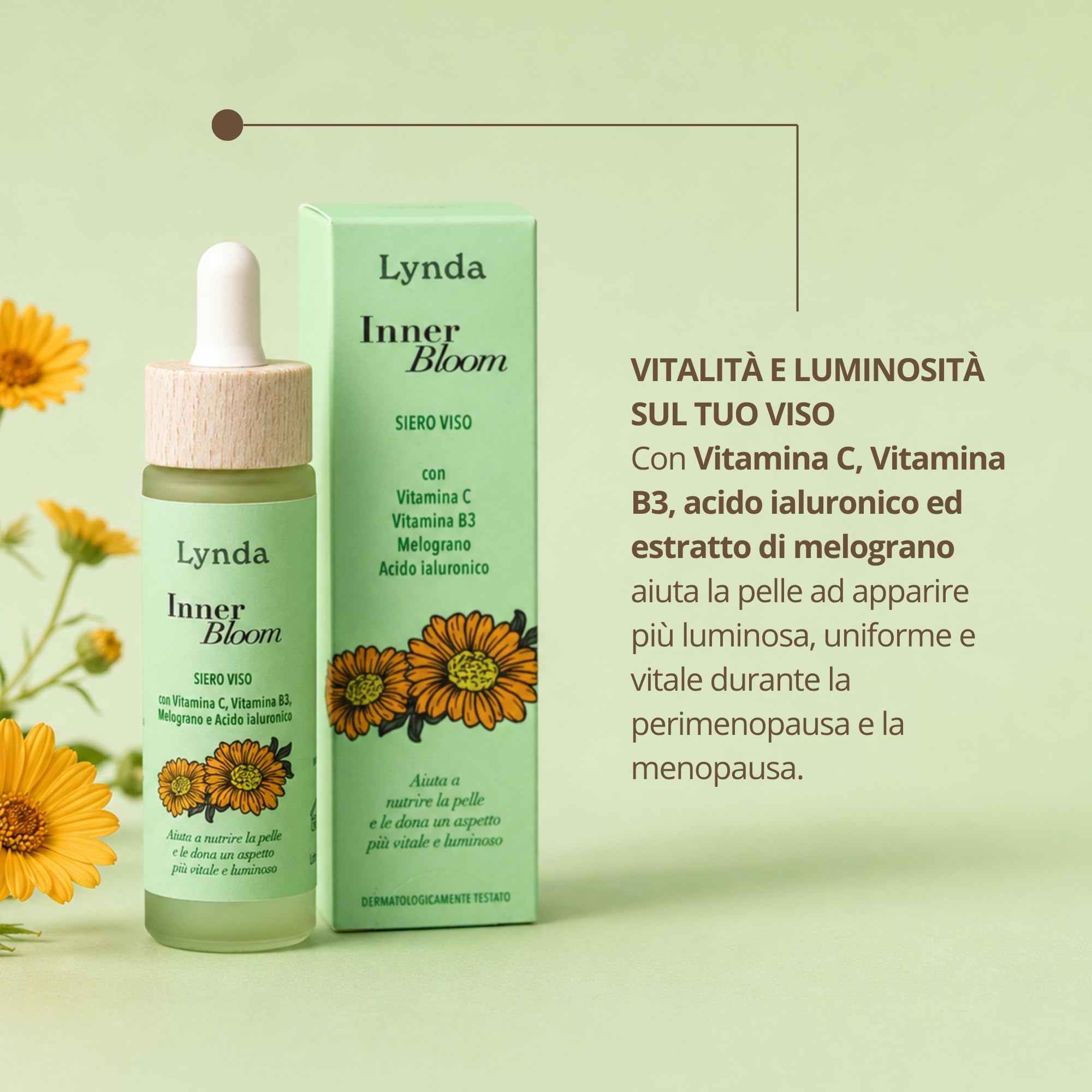 Lynda Inner Bloom, Siero Viso con Vitamina C, Vitamina B3, Melograno e Acido Ialuronico, Effetto Luminosità e Idratazione, 30 ml, Made in Italy