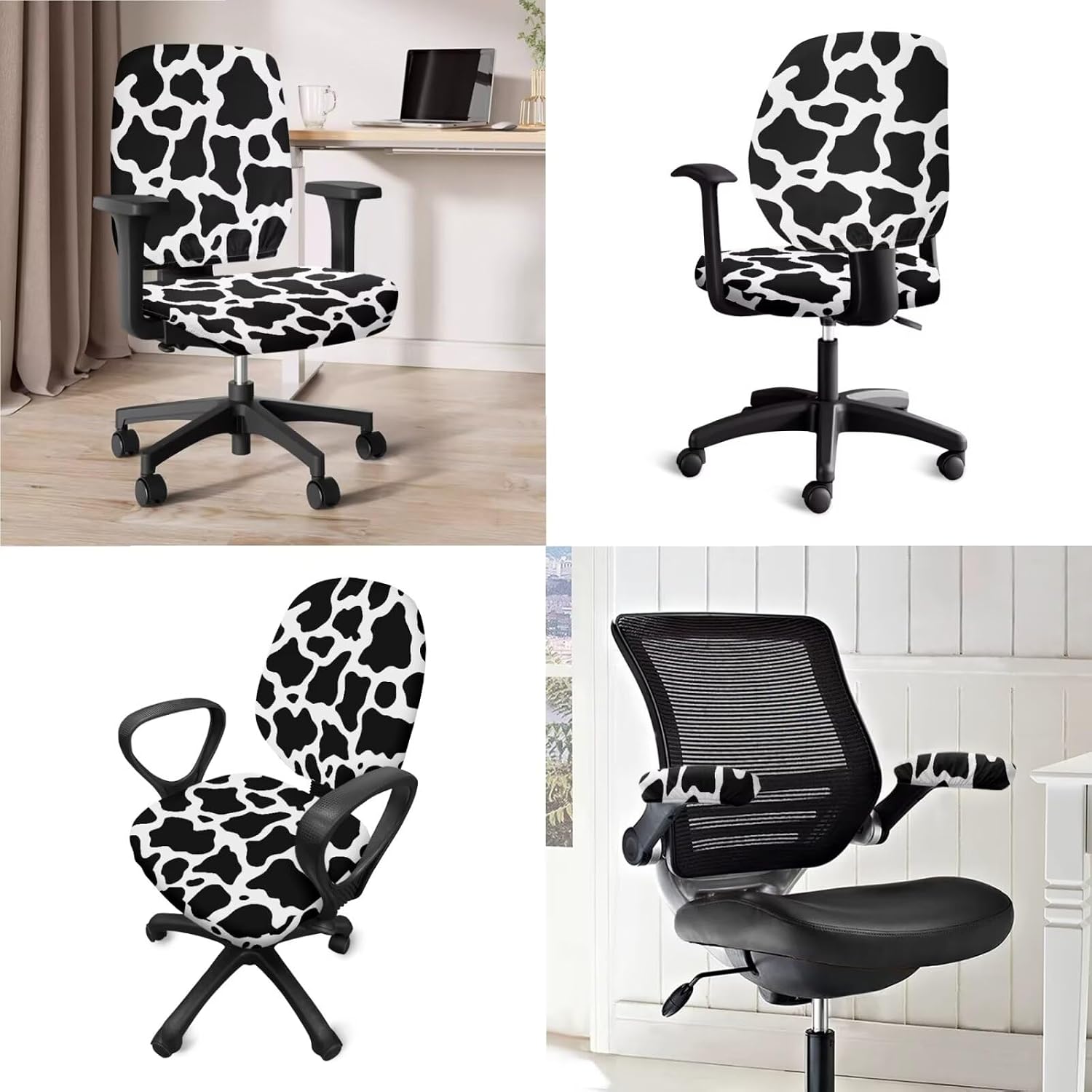 Cow Spot Computer Chair Cover with Armrest Covers 4 Pieces Set Stretchable Soft Fit Boss Chair Slipcover Elastic Removable High Back Chair Protector for Home Decoration