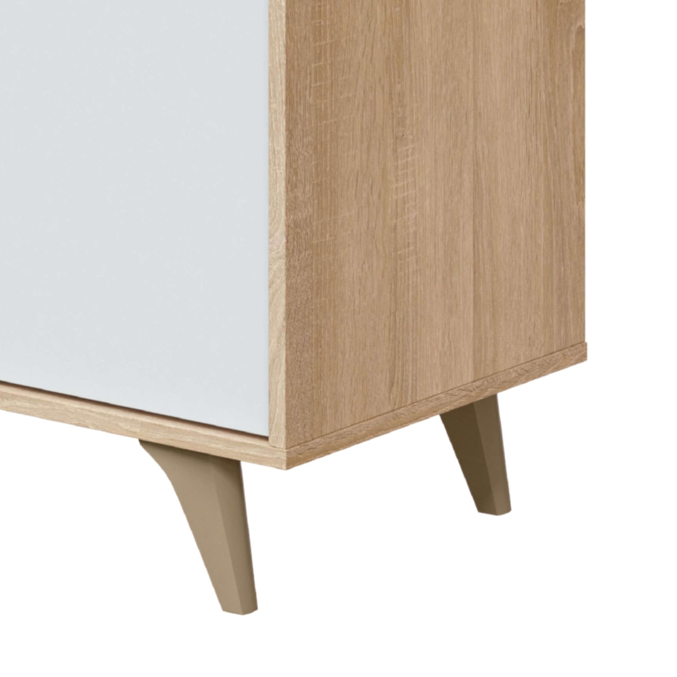 Habitdesign Aparador 3 Puertas, Bueffet para salón, Armario Auxiliar, Modelo Kikua Plus, Acabado en Blanco Artik y Roble Canadian, Medidas: 154 cm (Ancho) x 75 cm (Alto) x 40 cm (Fondo)