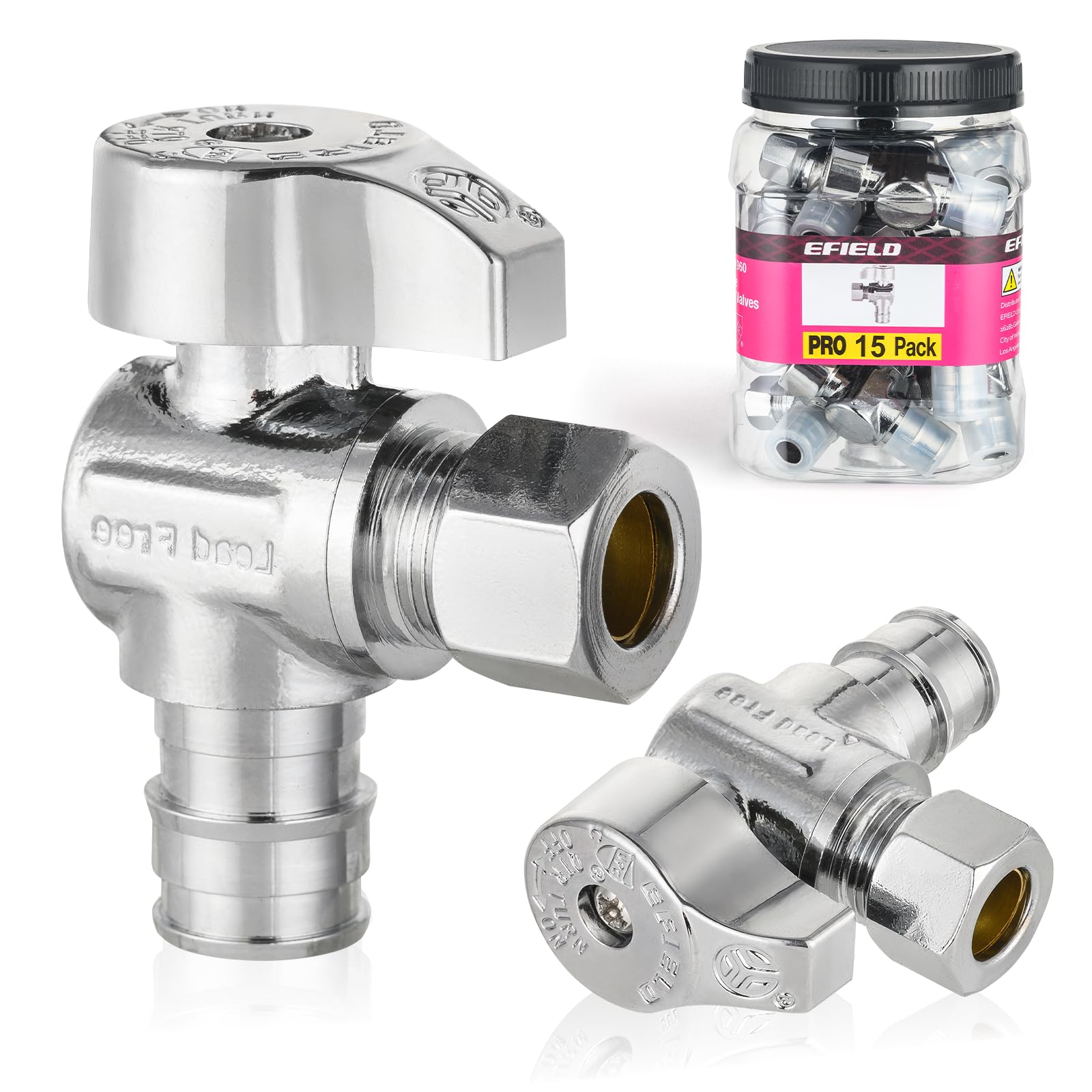 Paquete de 15 válvulas de ángulo de parada EFIELD Pex-A de 1/4 de vuelta, compresión de 3/8 pulgadas de diámetro exterior x expansión Pex-A de 1/2 pulgada, latón LF chapado en cromo, resistente
