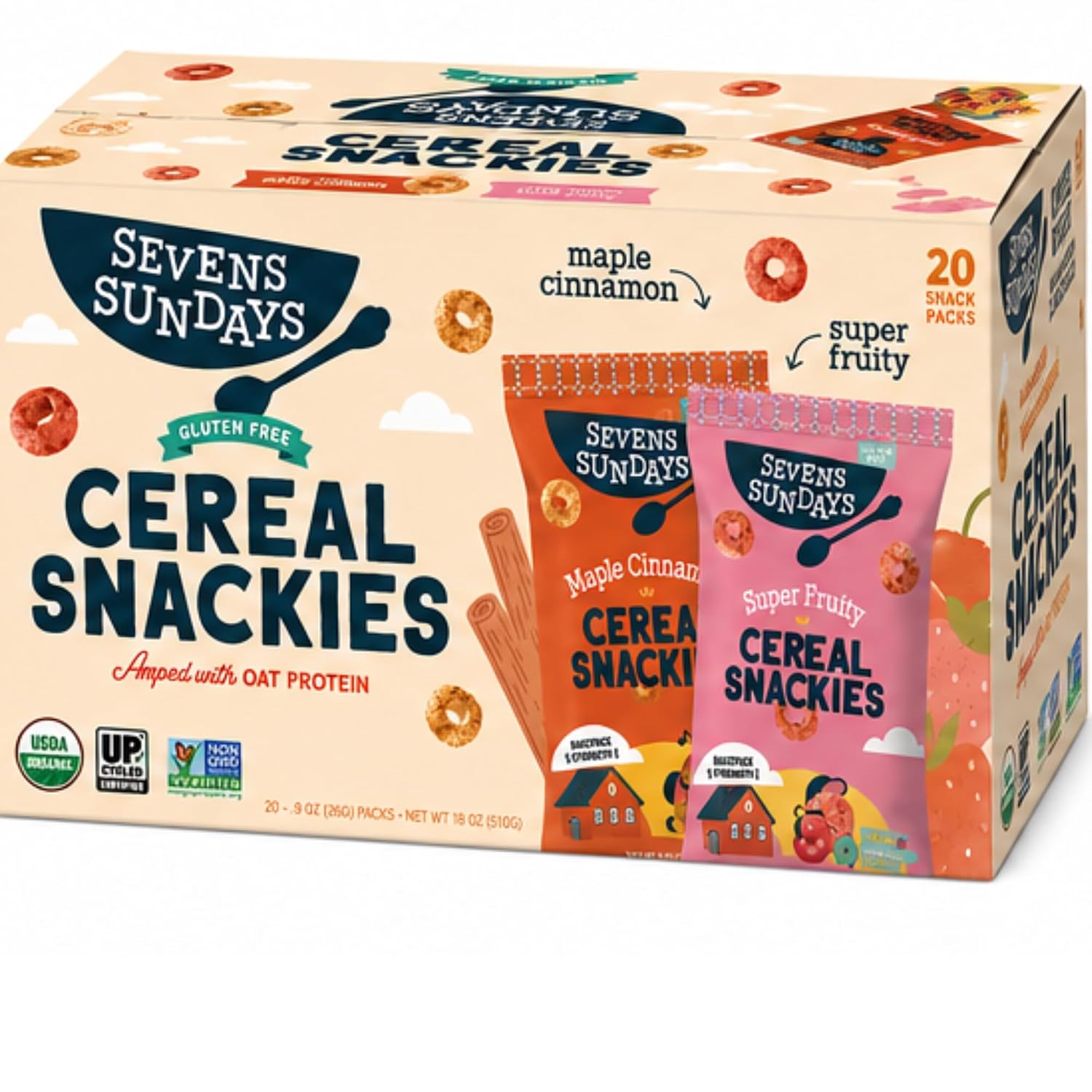Seven-Sundays Cereal Snackies, Maple Cinnamon, Super Fruity (0.9 oz, 20 ct), NON GMO & Gluten Free,3g Protein (20 pack total)