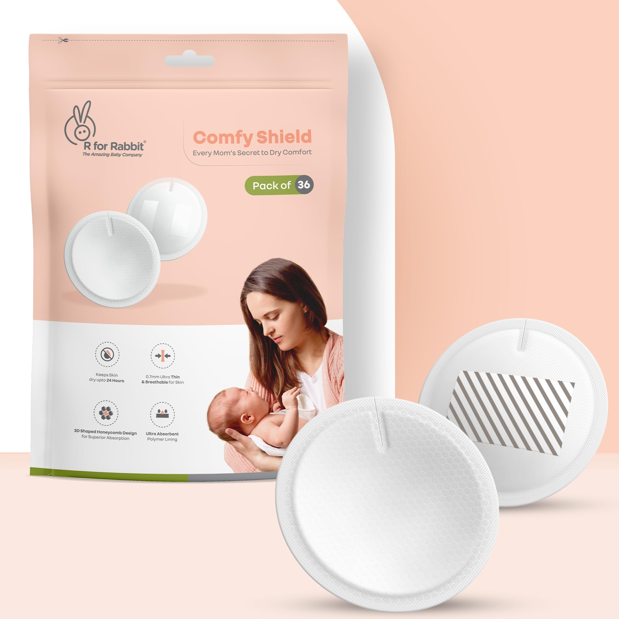 R for Rabbit Comfy Shield Disposable Nursing Breast Pads 24-Hours Leak Protection 3D Shaped Honeycomb Design Strong Adhesive Tape Skin Friendly Material Breastfeeding pad (White, Pack of 36)-image-42