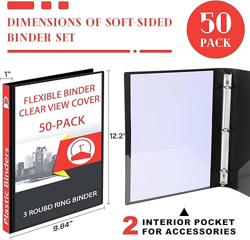 Miniatura 2 de Fulmoon 50 carpetas de 3 anillos de 1 pulgada a granel con 2 bolsillos interiores, carpetas redondas de 3 anillas, carpetas suaves con capacidad