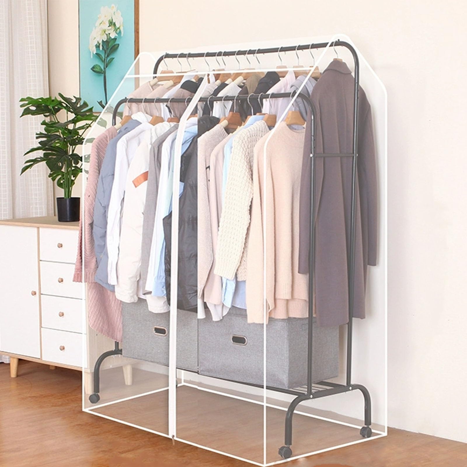 Wasserdichte Kleidersack, Abdeckung Kleiderständer mit Reißverschluss, Nur für Hohe und Niedrige Doppelkleiderständer Geeignet(Clear,63x30x59in/160x75x150cm)