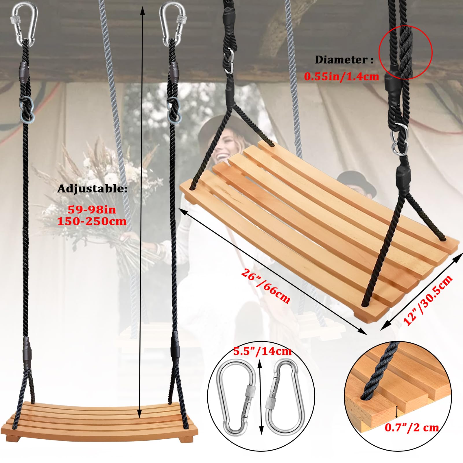 Altalena in legno per bambini, per adulti, da giardino, con corda regolabile, impermeabile, in legno, per giardino, per interni ed esterni (66 x 30,5 cm)