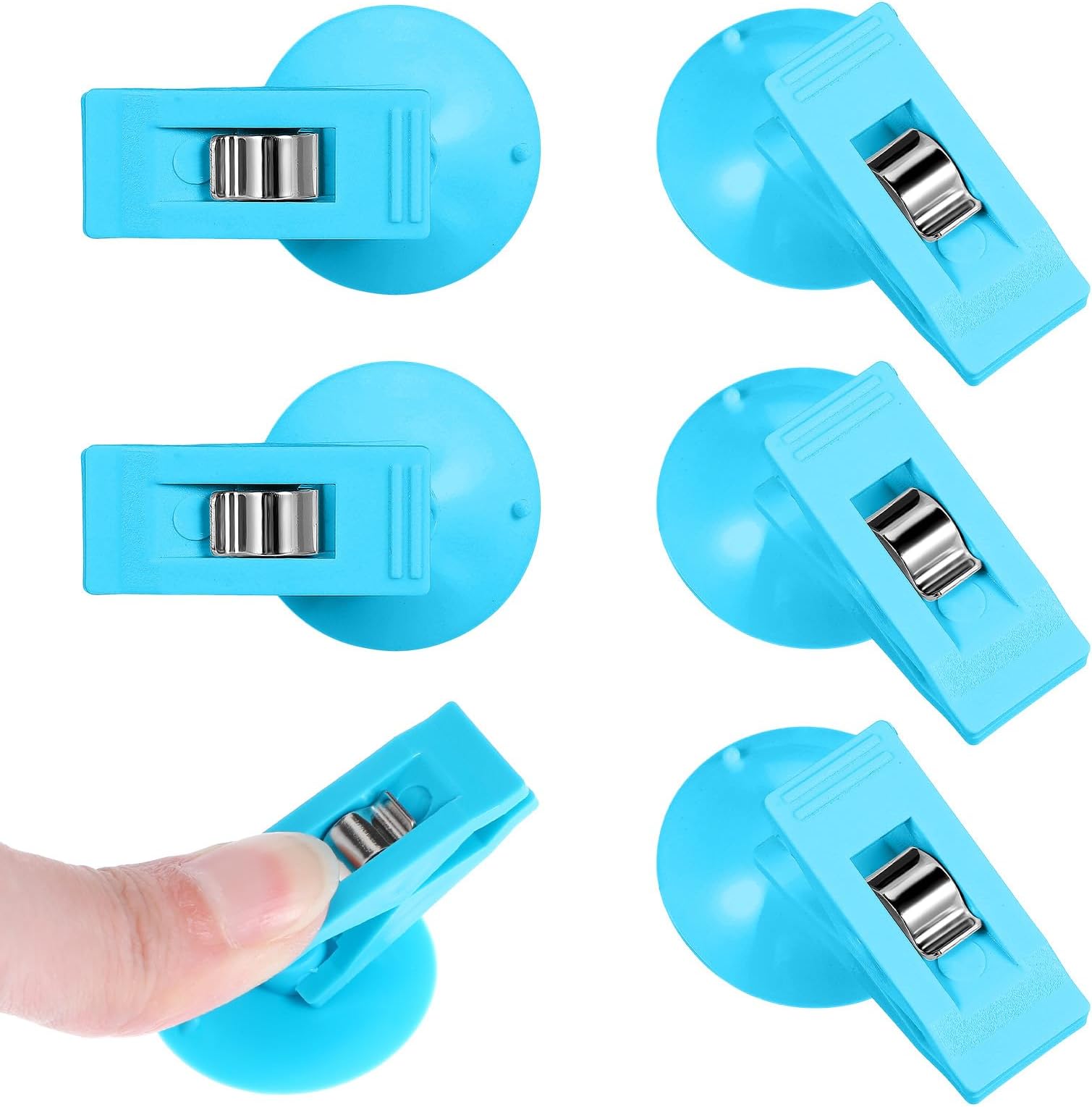 6Pcs Suction Cup Clips for Shower Curtain, Multiple Purpose Round Suction Cup Bathroom Clips with Water Guard, Windproof Splash Guard, Suction Cup Shower Curtain Holder for Inside Shower, Blue