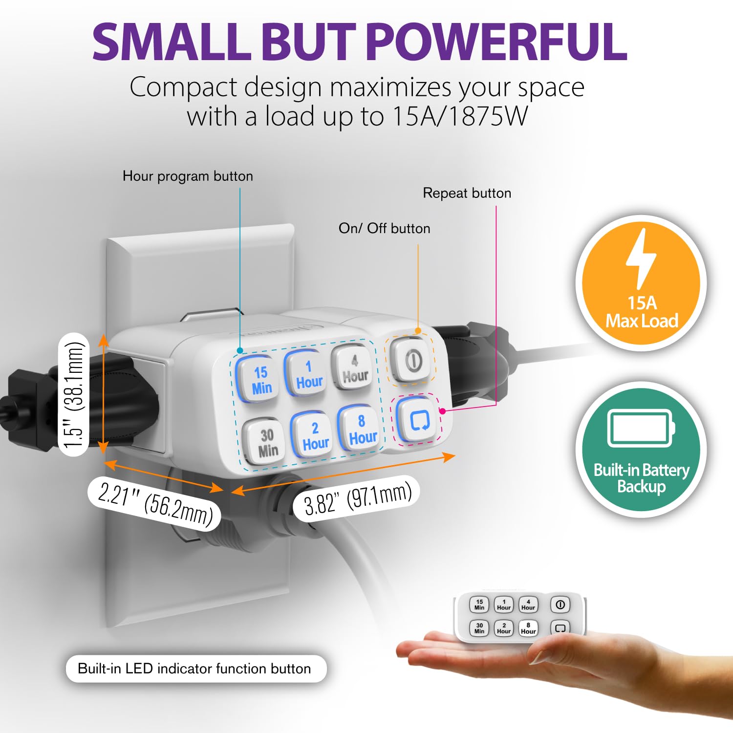 Alaye view of Fosmon Countdown Plug-in Timer showing dimensions and button labels