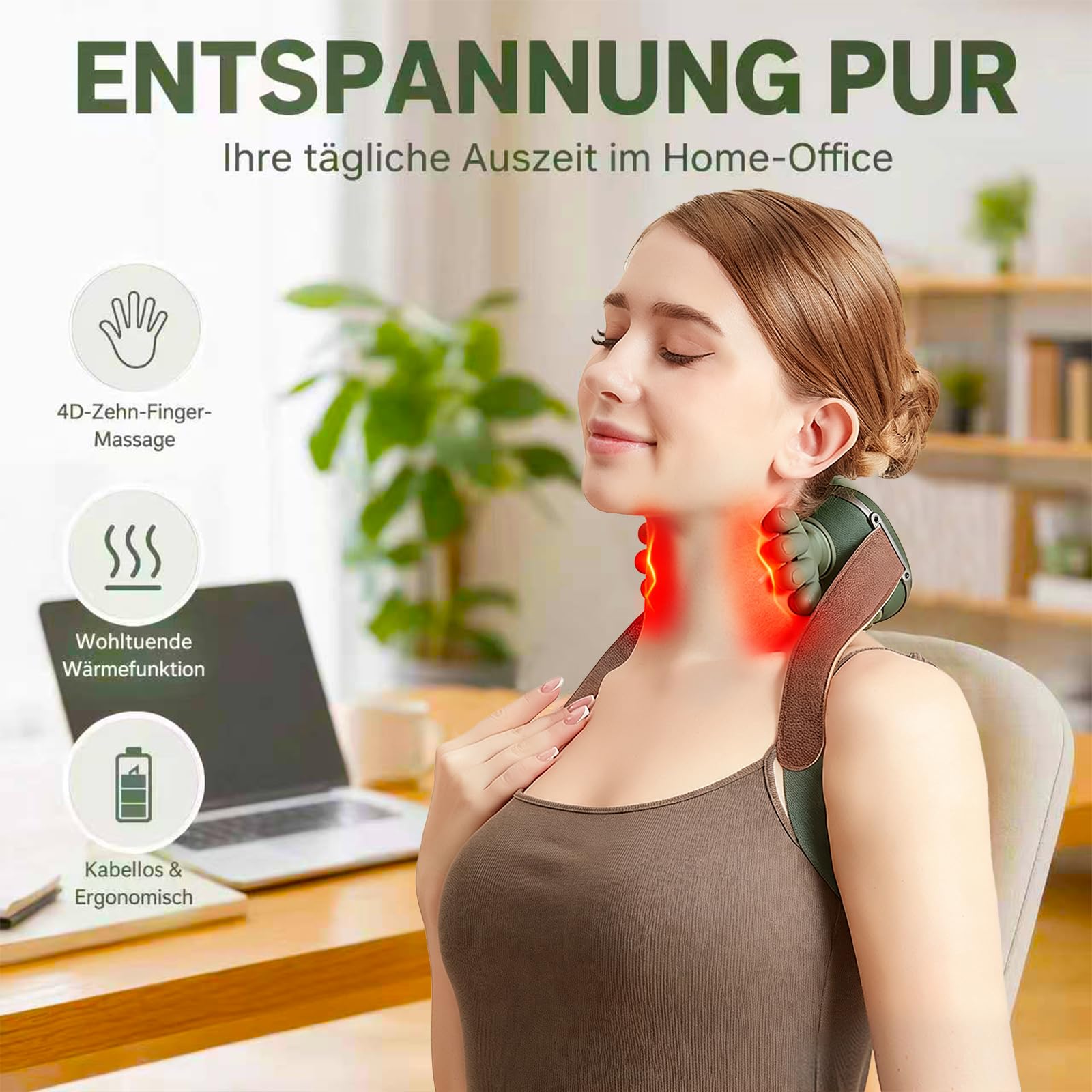 4D Nackenmassagegerät Mit Wärme, Massagegerät Nacken, Nackenmassage, Neck Massager Mit 3 Massagestufen 2 Temperaturstufen, Elektrische Schulter Massagegerät für Nacken,Zuhause,Büro,Reisen