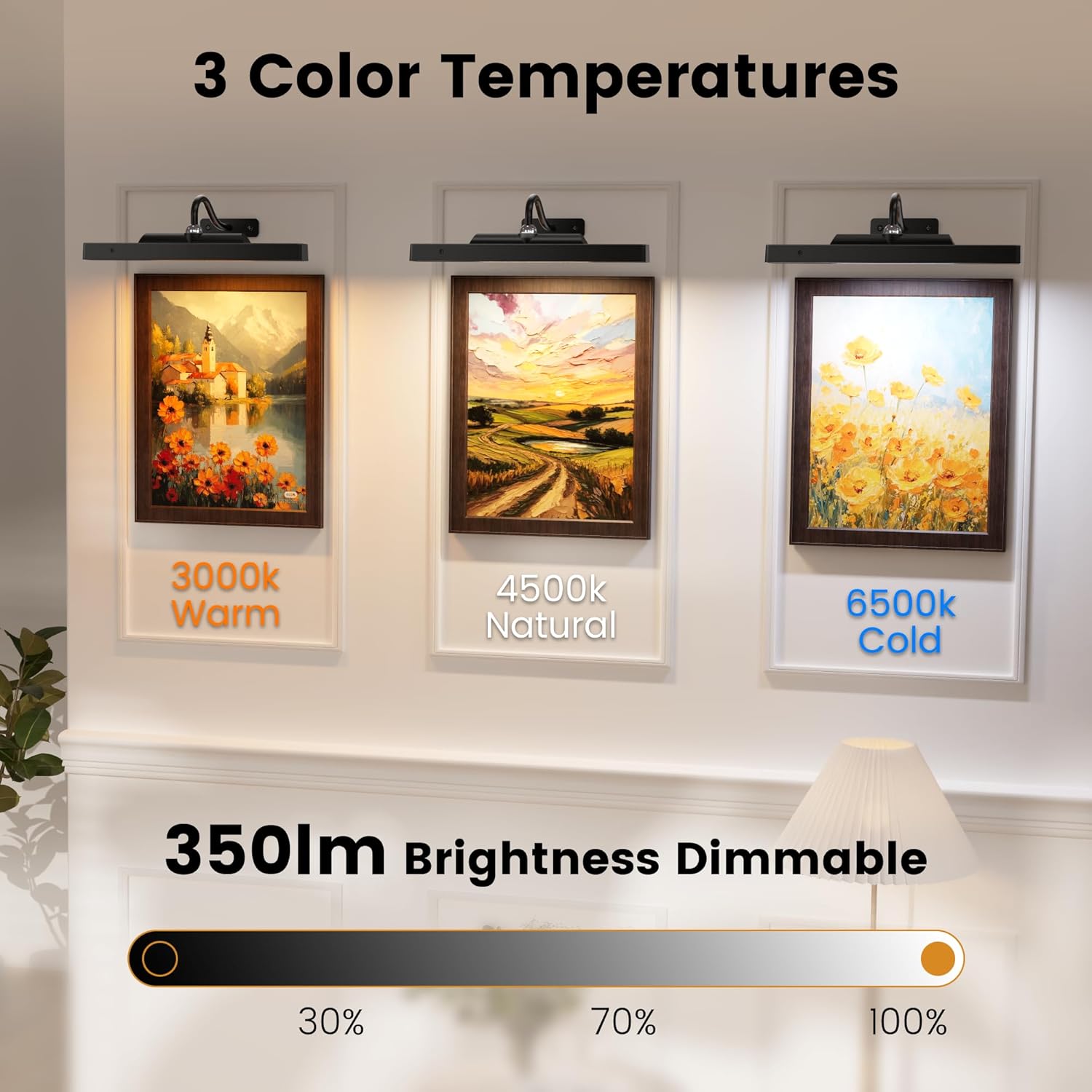 Gallery Picture Lights 3 Pack, 4400mAh Rechargeable Arwork Lights, Cordless Remote Dimmable LED for Portrait Hallway Decor (Black)