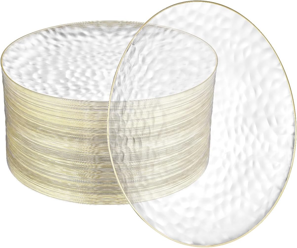 R-kay 100 Pack Clear Plastic Plates For Wedding - 10 IN Hammered Gold Rimmed Sturdy, Durable And Extra Heavy duty Gold Plastic Plates For Party - Bulk Disposable Plates For Weddings