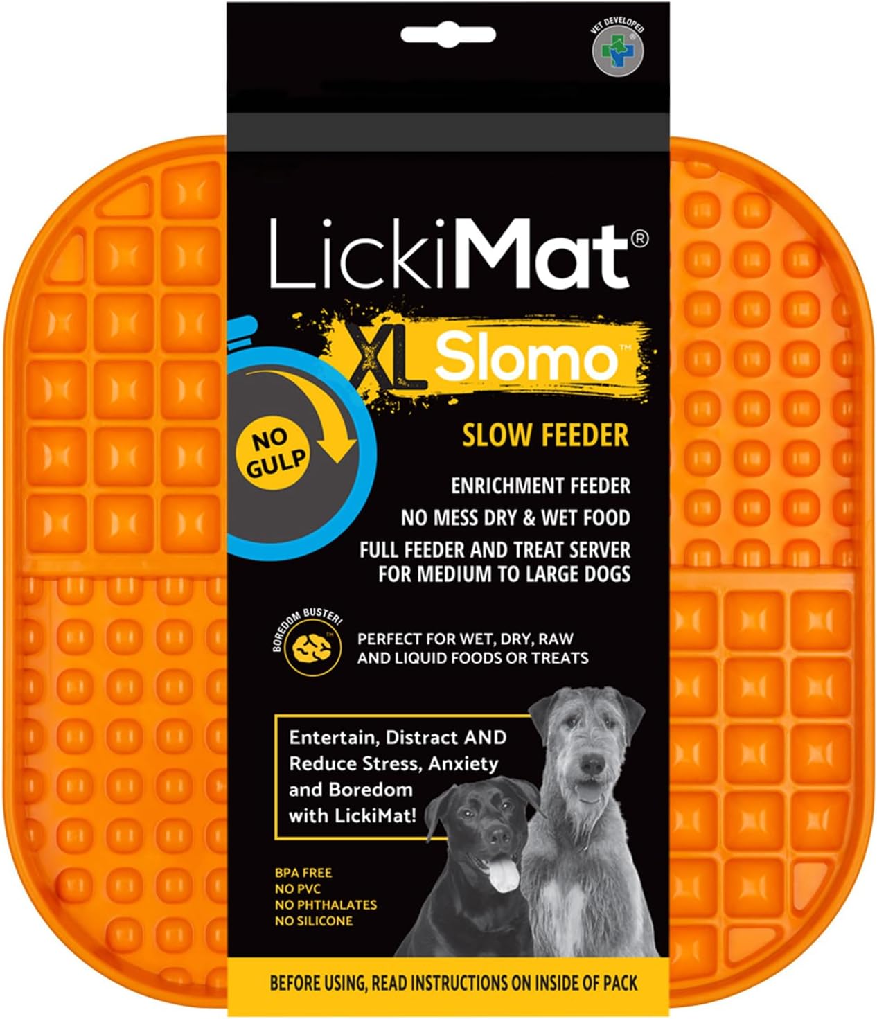 LickiMat Slomo XL - Extra Large Slow Feeder Suitable for Dry, Wet, Raw Foods, All Treats and Doggy Ice Cream. Best for Medium to Massive Breeds. Durable Design with Non-Slip Base. (Orange)