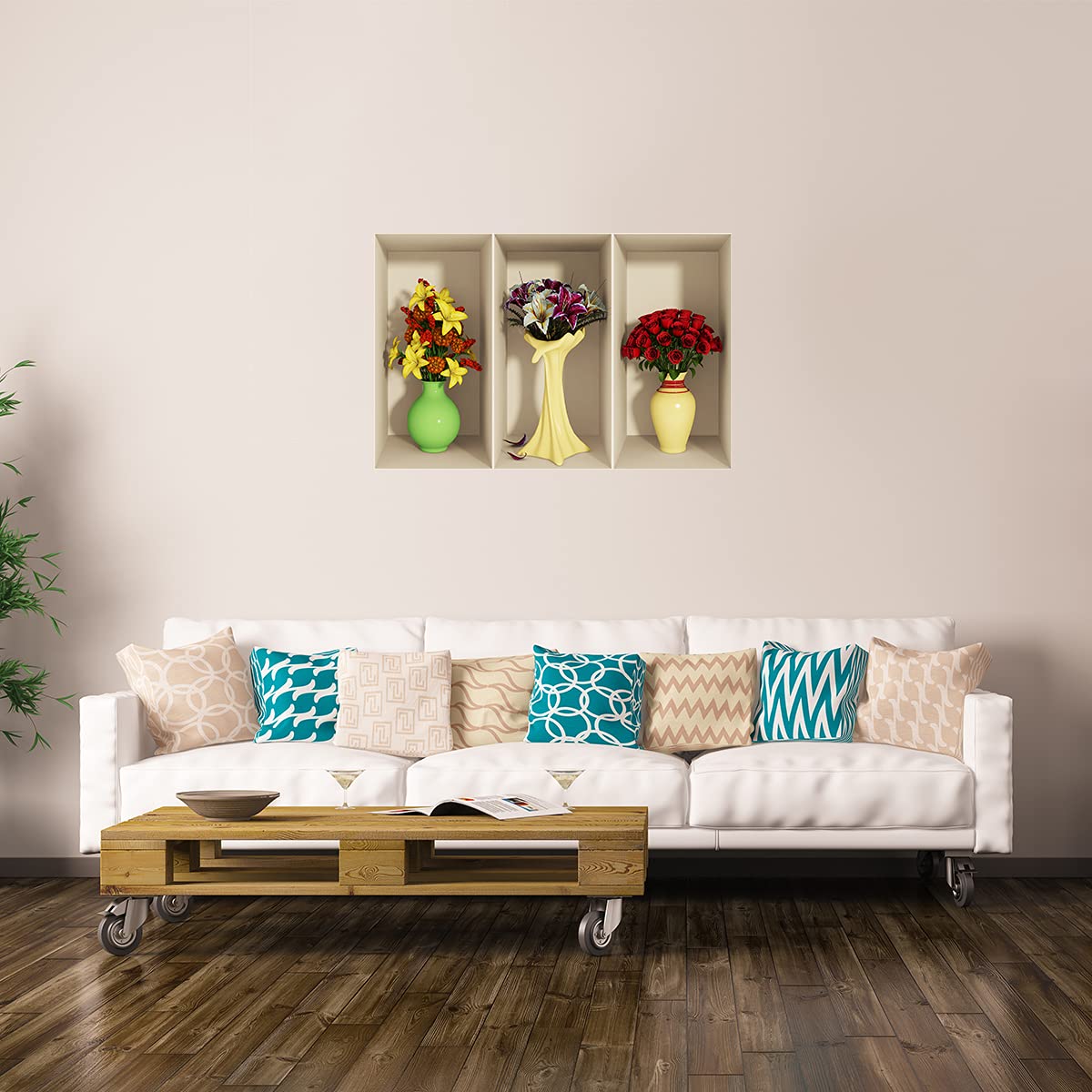 Sticker mural autocollant effet 3D floral | Motif roses et lys en relief 60x90cm