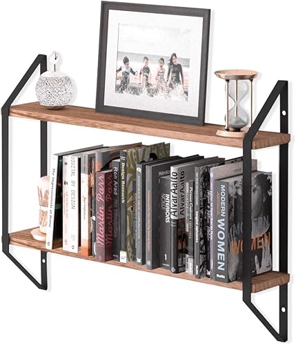 Wallniture Ponza - Estantería flotante de 2 niveles para pared, estantes de pared de 24 pulgadas para almacenamiento de dormitorio, madera quemada