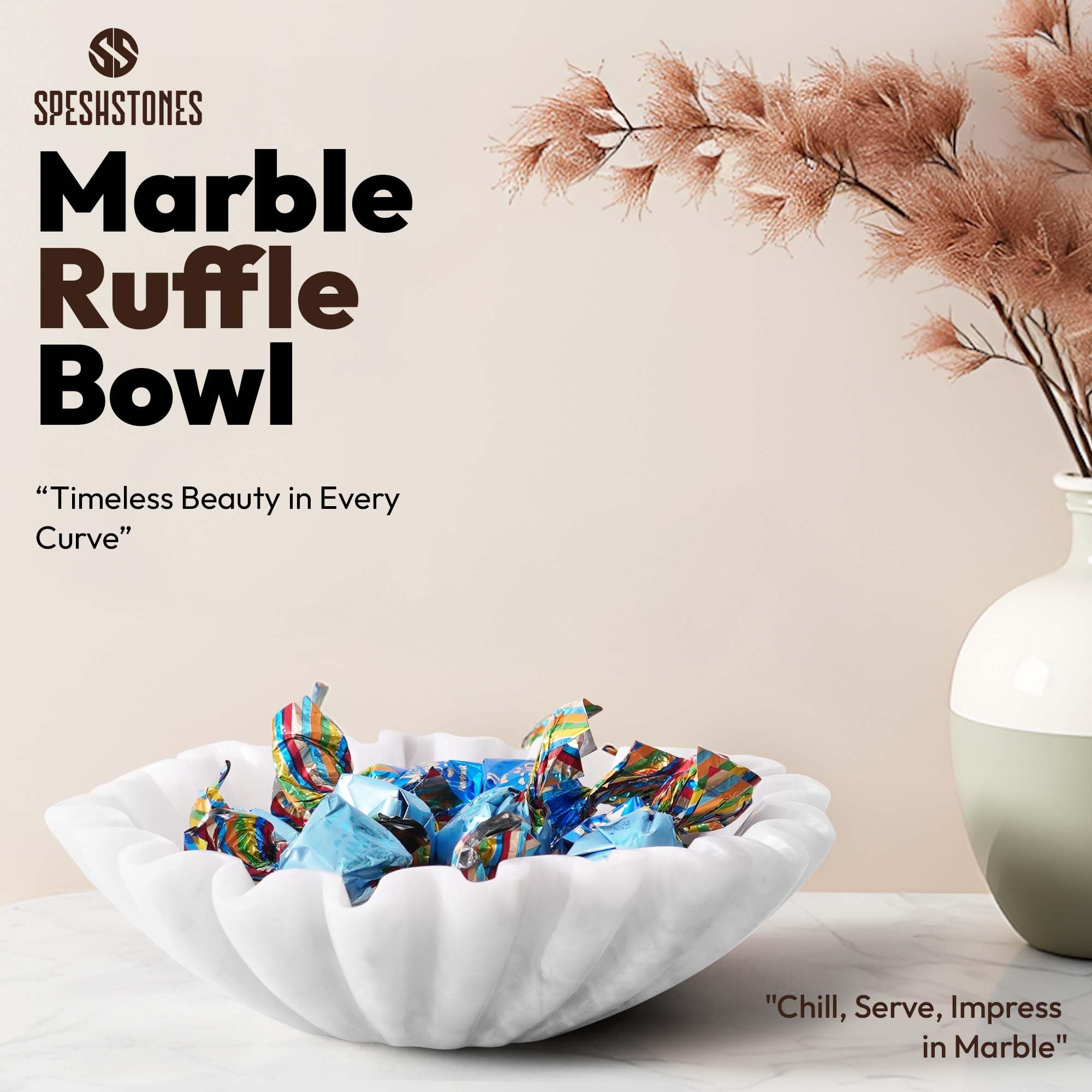 Radicaln Bol festonné en marbre fait à la main 8 pouces à volants blanc, bol à fruits pour le comptoir de cuisine, grands bols décoratifs pour les cadeaux de pendaison de crémaillère