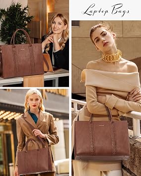 LOVEVOOK Laptop Tote Bag for Women, Vintage Leather Work Bag With Cup Holder, Waterproof Computer Purse, Professional Briefcase Office Shoulder Handbag, 15.6 Inch, Brown