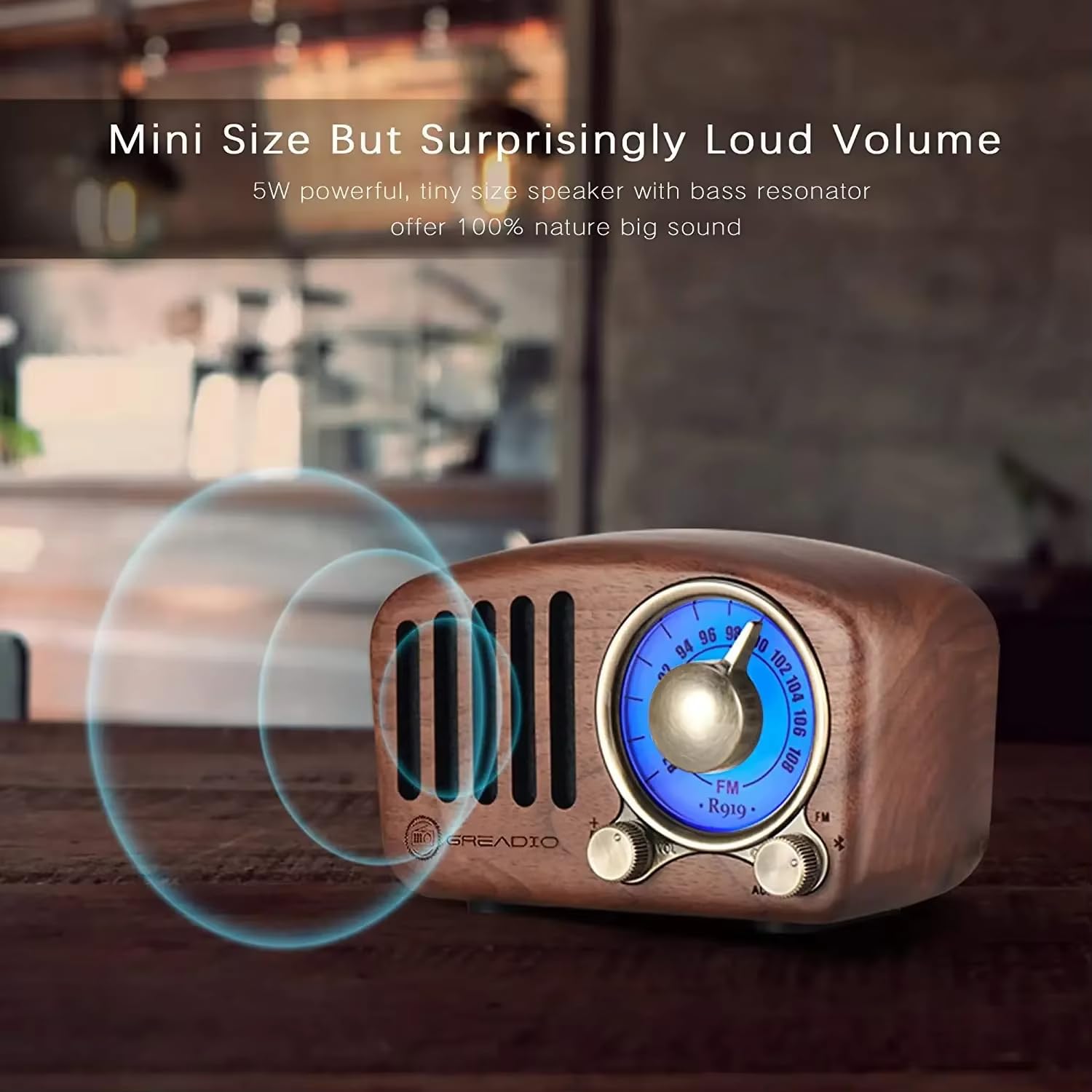 Radio Bluetooth w stylu vintage z dużym oknem tuningowym kompasu, bateria 1100 mAh, głośnik mono, jednopasmowy FM, żywotność 8 godzin, idealne do użytku domowego