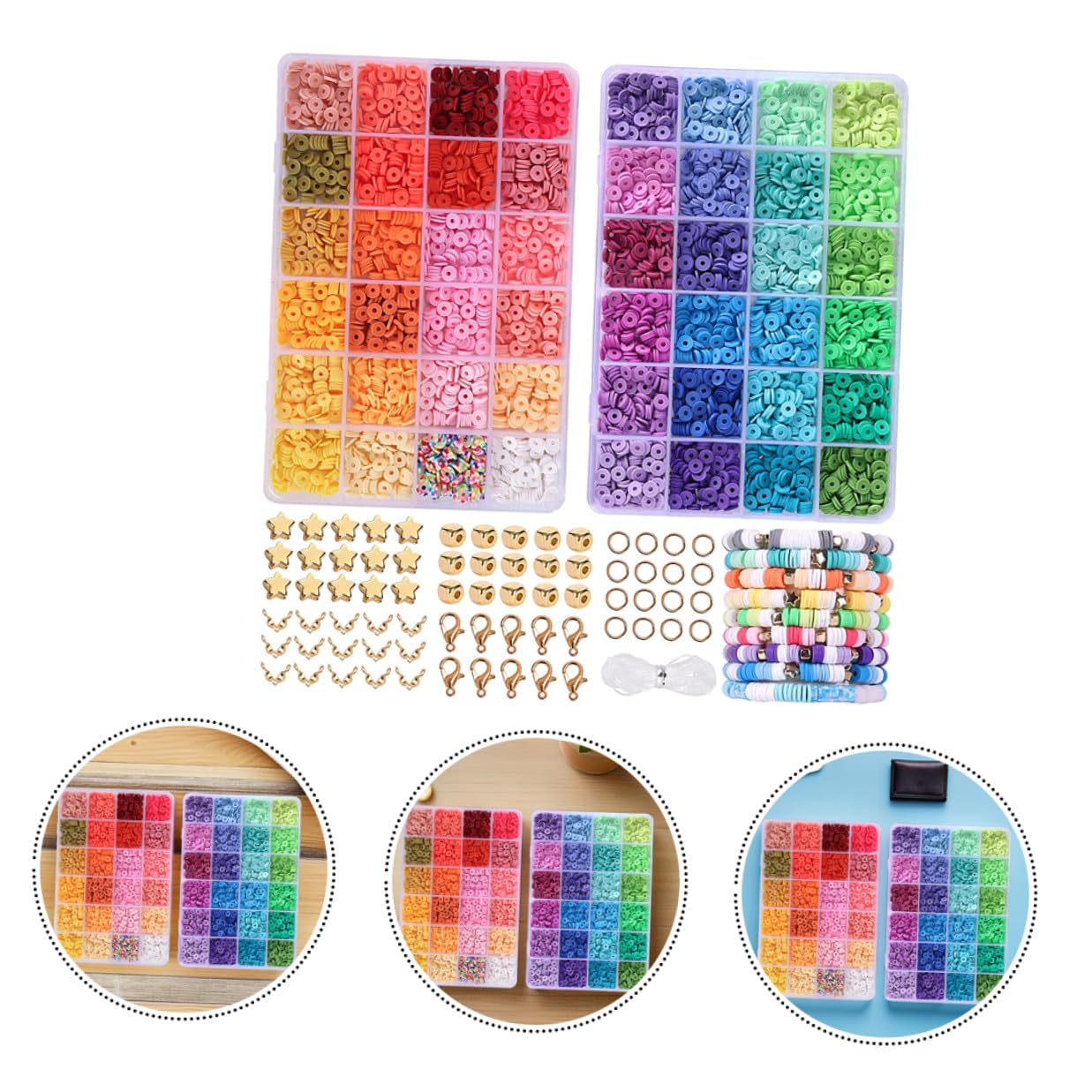 SHINEOFI Kit Perline di Argilla Polimerica Colorate per Creazione Gioielli Set Scatola di Conservazione Perline Piatte e Grandi per Braccialetti Fai da Te