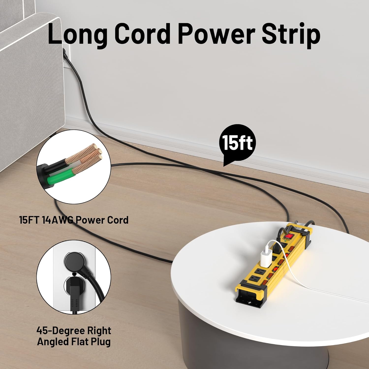Power Strip Surge Protector 2700J with Individual Switches and Flat Plug, 15FT Heavy Duty Cord 6 Wide Spaced Outlet Mountable Metal Power Strips with Cord Manager and Hanger