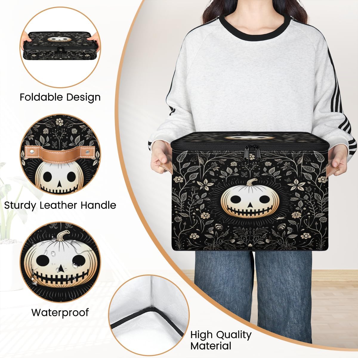 Storage Bin Set of 2 Pumpkin Skull Storage Basket with Zipper Lid & Handle Foldable Closet Shelf 2 Pack Cloth Organizer Basket Cube Bins Clothes Organizer for Bedroom, Nursery