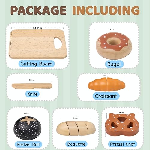 Miniatura 2 de Juego de comida de cocina de madera para cortar pan, 7 piezas con bolsa de compras y caja de regalo, juguete educativo Montessori y regalo de