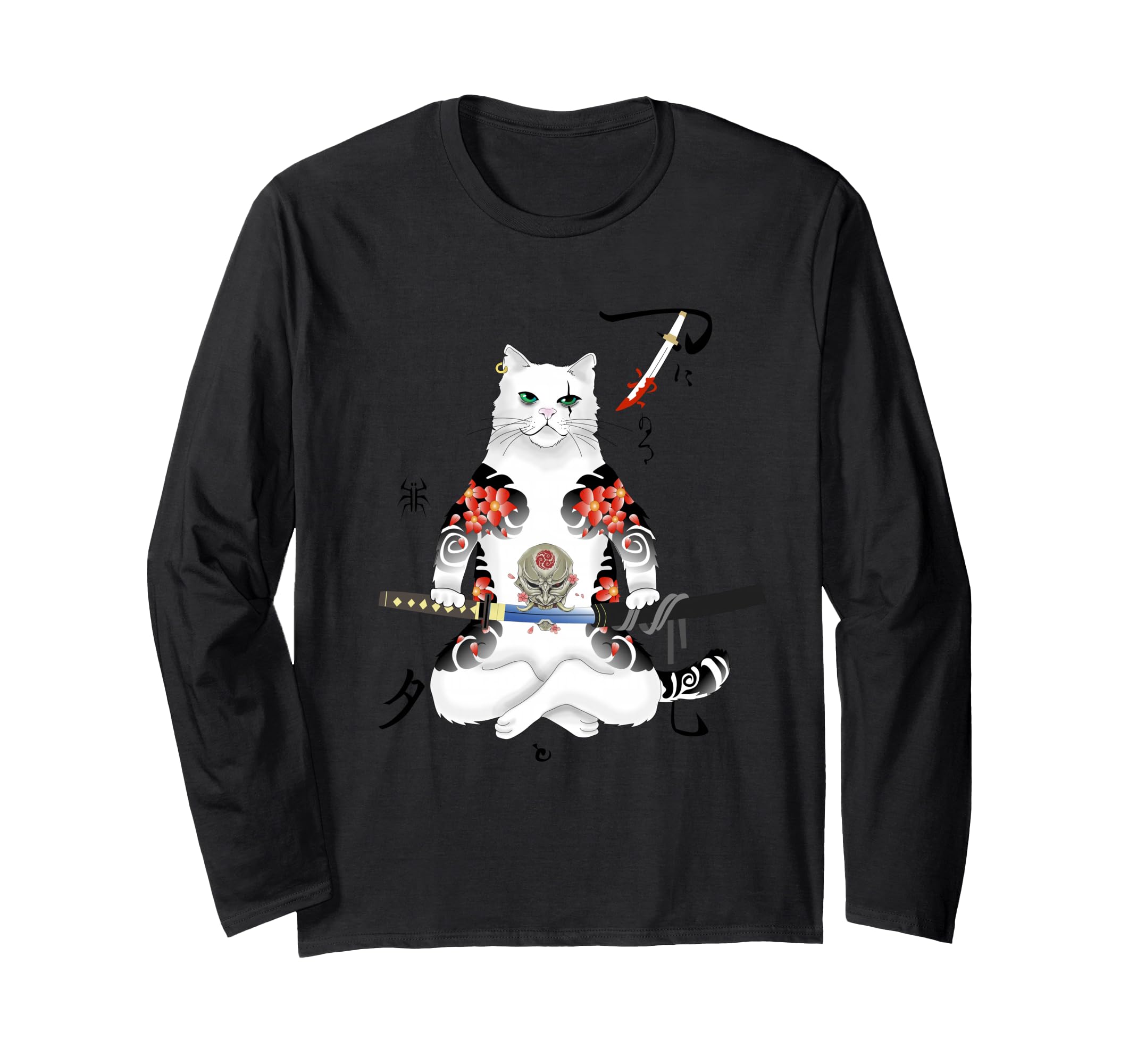 Amazon | 日本の侍猫刀忍者 ヤクザタトゥー 長袖Tシャツ | Tシャツ