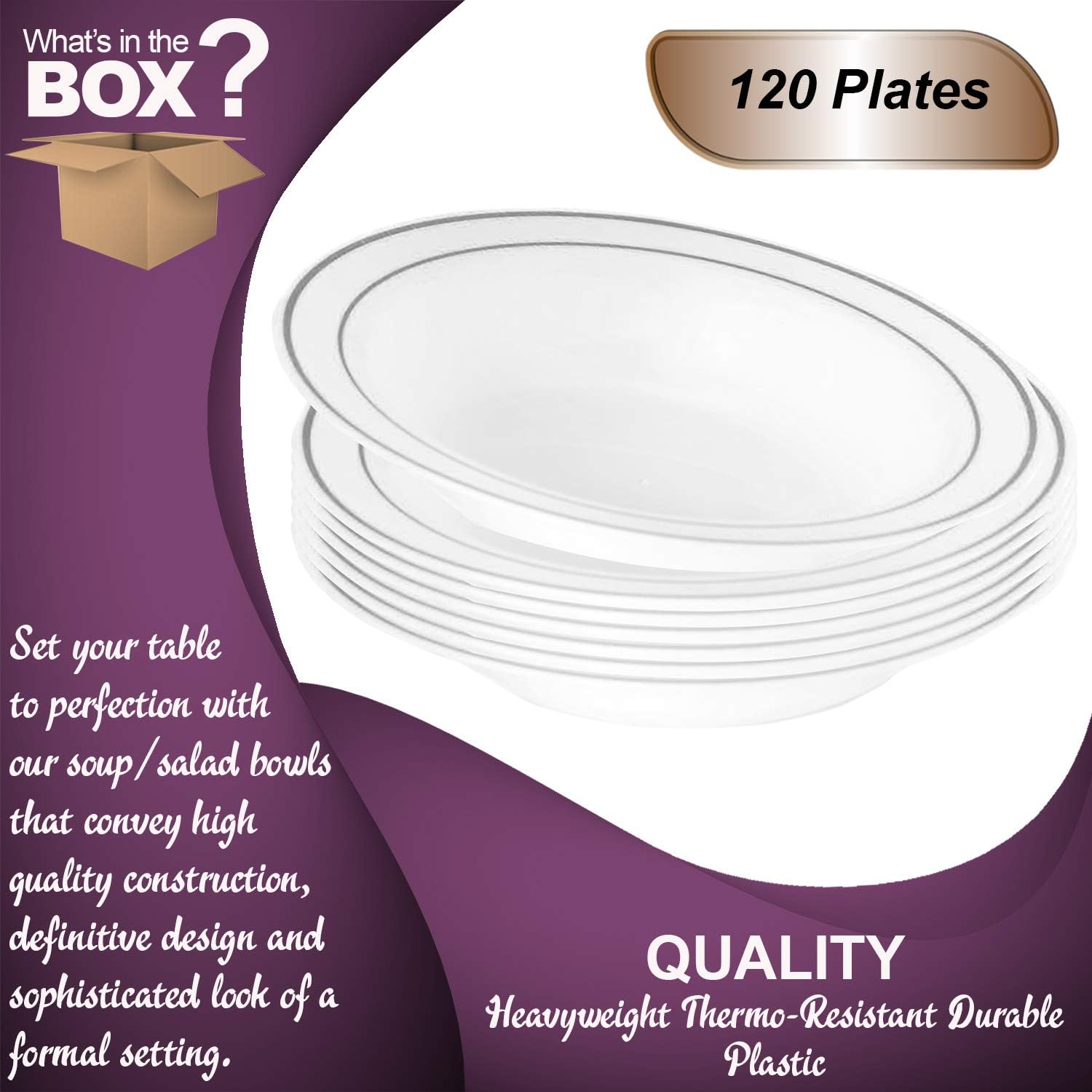 Smarty Had A Party 120 Disposable White Silver Rimmed Plastic Soup Bowls | 12 oz. Premium Heavy Duty Disposable Dinnerware with Real China Design | Safe & Reusable (120-Pack White/Silver Trim)