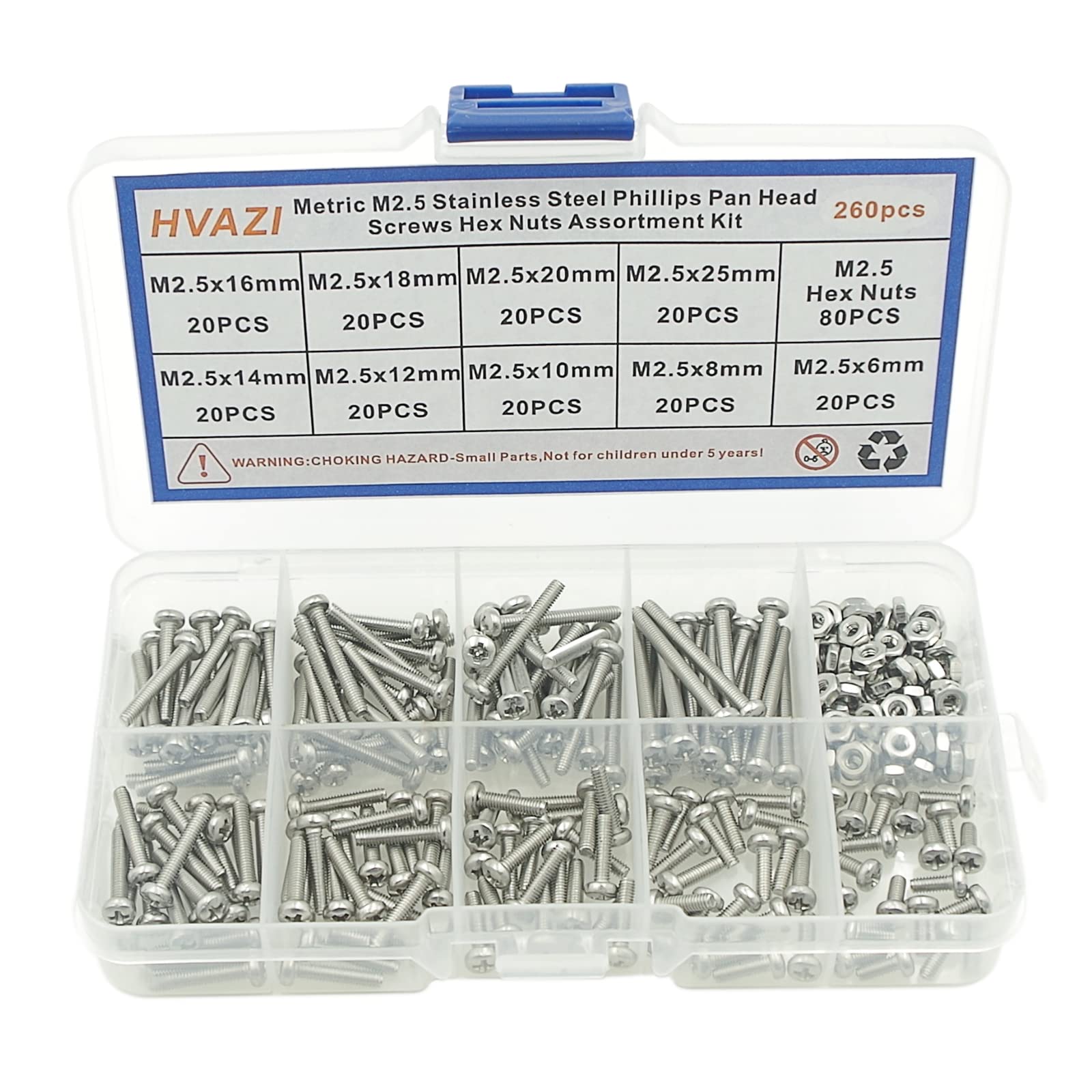 HVAZI Metric M2.5 Stainless Steel Phillips Pan Head Machine Screws Nuts Assortment Kit (M2.5)