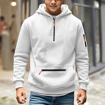 Youth Boys Half Zip up Hoodies Fleece Warm Cargo Zipper Pockets Pullover Hooded Sweatshirts Kids Fall Casual Clothes