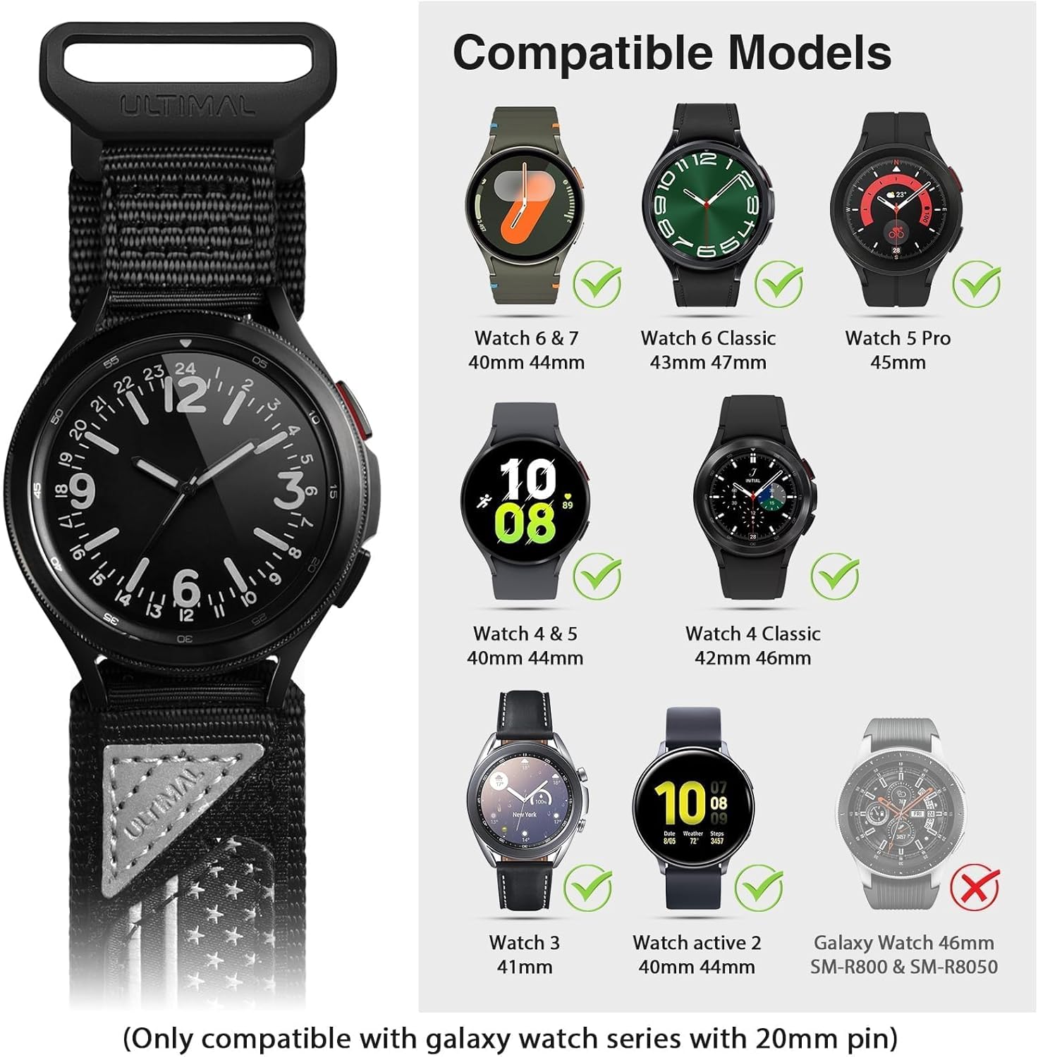 ULTIMAL Band Compatible with Samsung Galaxy Watch 7 6 5 4 40mm 44mm/ Galaxy Watch 6 4 3 Classic/Galaxy Watch 5 Pro 45mm/Active 2, 20mm Nylon Adjustable Strap for Men Women((BLACK USA FLAG, XL)