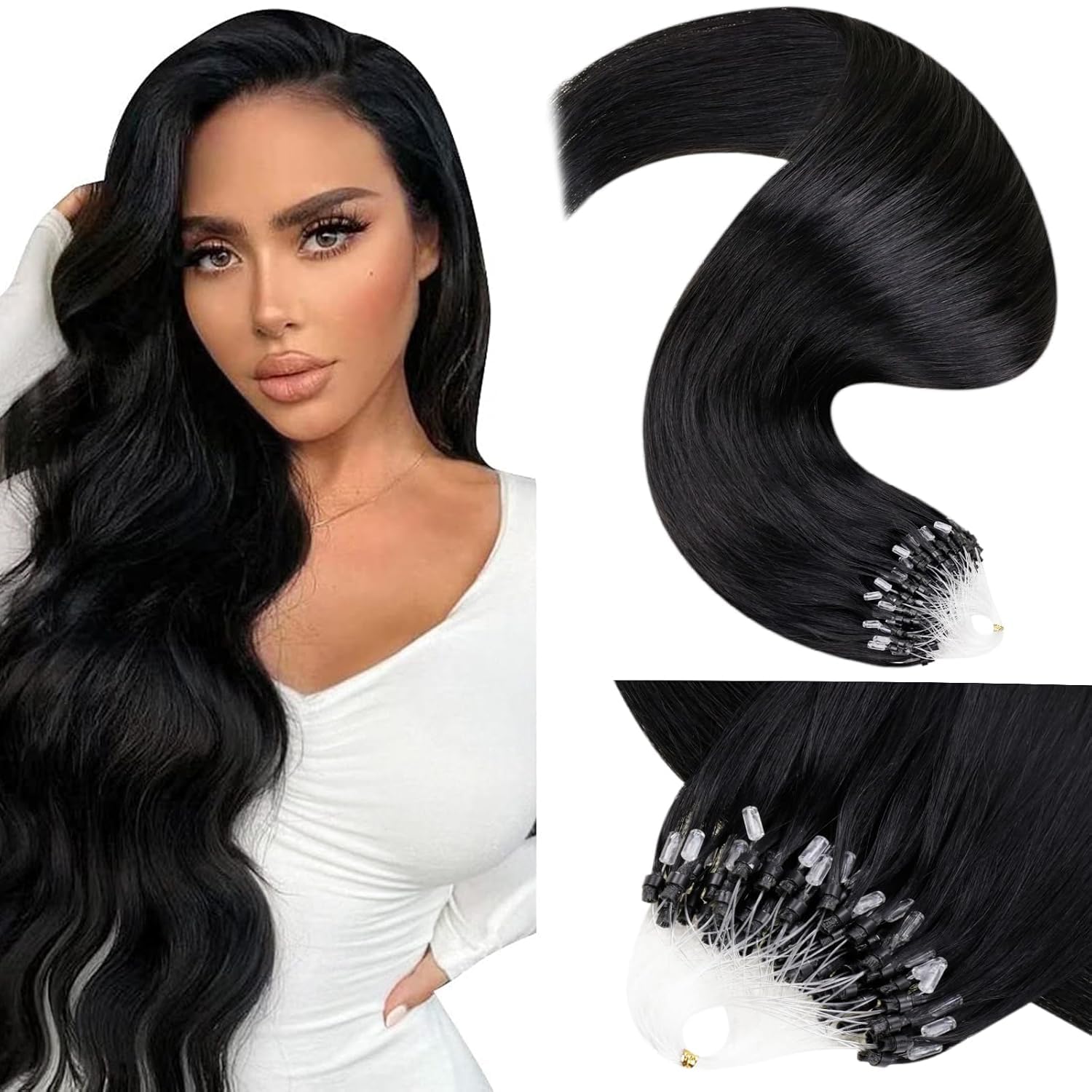 LaaVoo Black Micro Loop Hair Extensions Real Human Hair 24 Inch Remy Straight Natural Black Invisible Micro Ring Hair Extensions 50g 50s #1