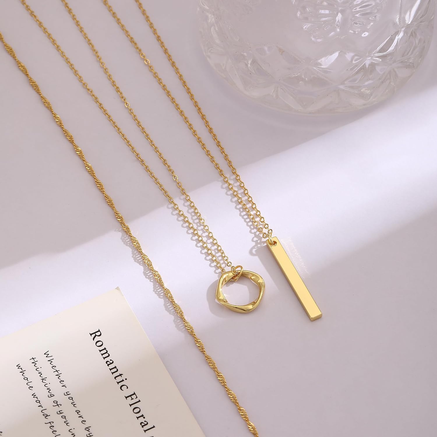 Layered Gold Necklace for Women, 14K Gold Plated Necklace Stack Set, Dainty Pendant Necklace Non Tarnish, Fashion Bow CZ Circle Star Hammered Cross Jewelry Gift for Women