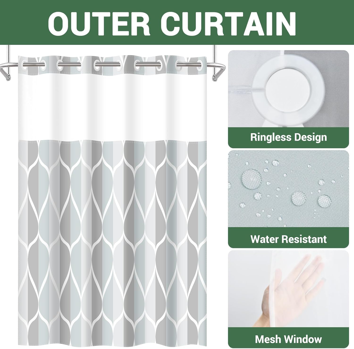 Yiatn No Hook Shower Curtain with Snap-in Liner, Gray Geometric Waterdrop Design, Machine Washable & Waterproof Polyester Bath Curtain, 71x74 Inch