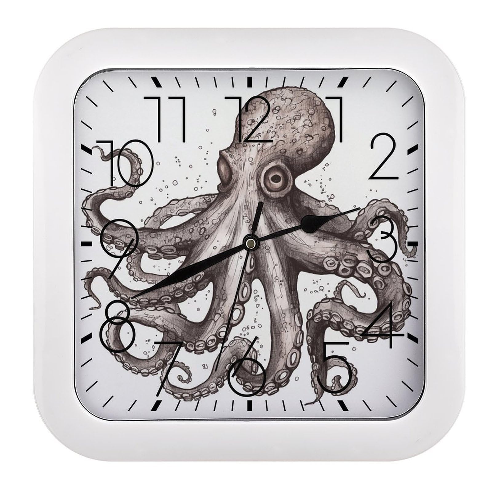 LZQPOEAS Octopus Square Wall Clock, 10.2 Inch Battery Operated Silent Non-Ticking Wall Clock, Square Analog Decorative Clock for Home Wall Art, Living Room, Bedroom, and Office