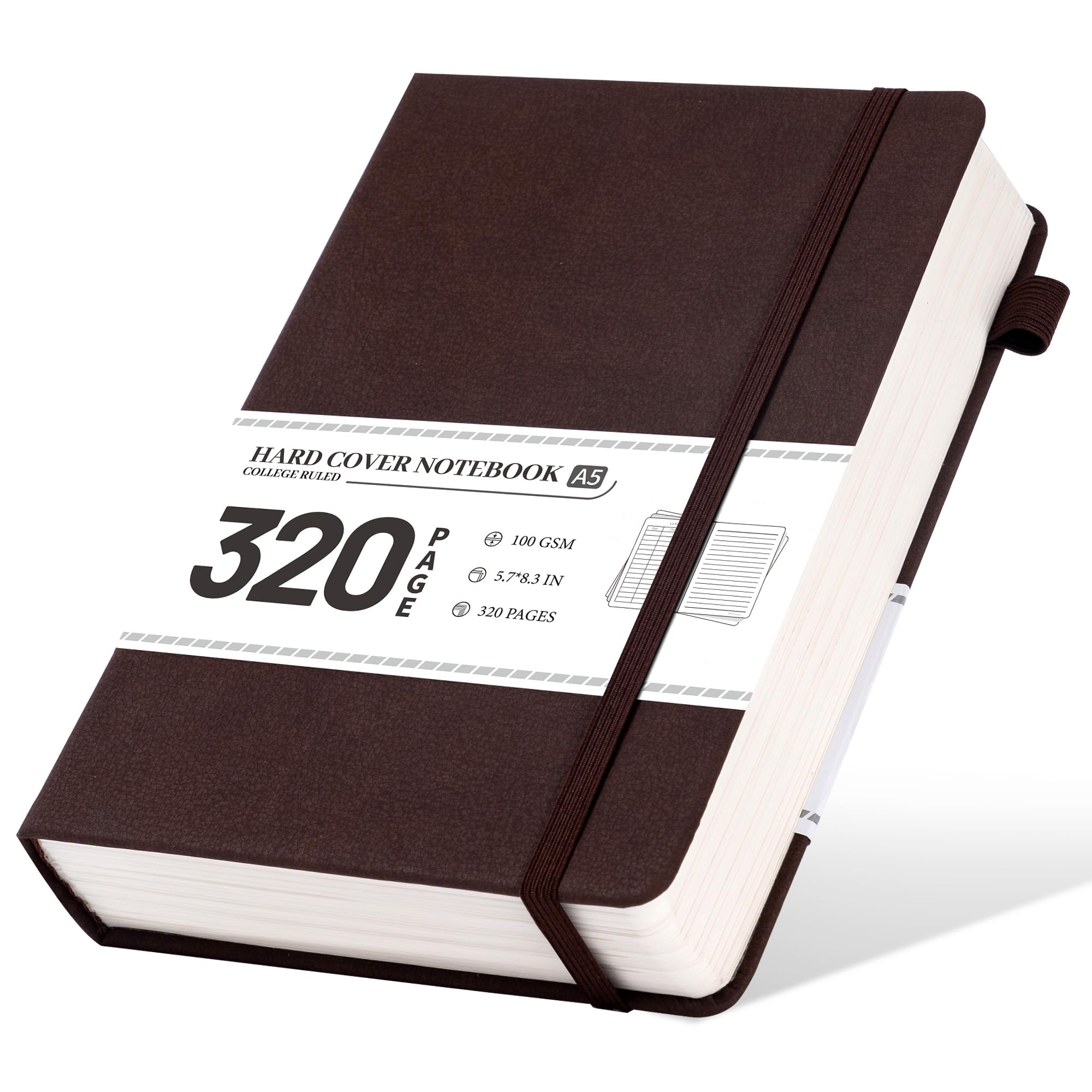 CAGIE Liniertes Tagebuch, Notizbuch für Männer und Frauen, 320 Seiten, Leder-Tagebücher zum Schreiben, A5, dickes Hardcover, Tagebuch, 14,5 x 21,1 cm, Dunkelbraun