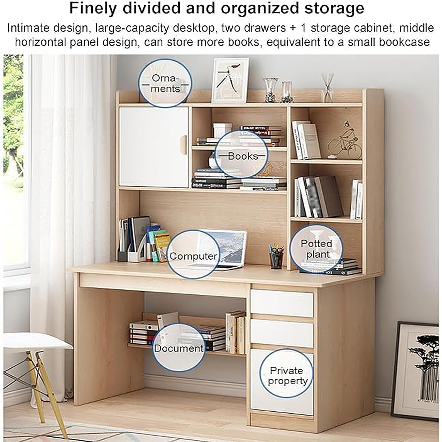 Estación de Trabajo de La Oficina en Casa de Madera, Mesa Compacta para Computadora Blanco, Mesa para Estudio con Estantes y Cajones 120x45x165cm