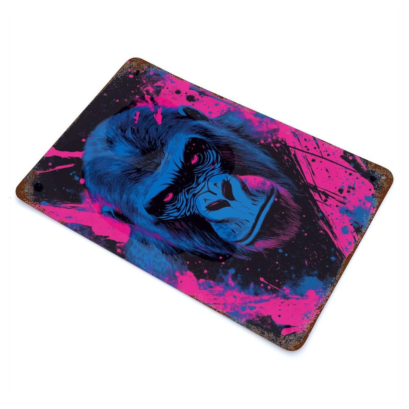 Decorative Tin Sign with Blue Gorilla with Pink Splatter Art Design 11.8"x7.9", for Garage, Bar And Workshop Decor, Farmhouse Wall Decor