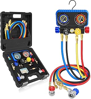 AC Manifold Gauge Set R134A R1234YF, Automotive 4 Way Car AC Gauge Set for R1234yf R134a R404a, Auto R1234yf R134a Refrigerant Air Conditioner Recharge Kit, HVAC Gauges with Hoses
